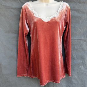 Soft Surroundings Velour Salmon Pink White Lace Long Sleeves Shirt Top Blouse S